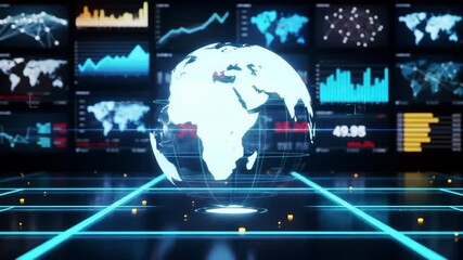 Futuristic analytics center with holographic globe and animated data screens, camera sweeping for depth - Powered by Adobe