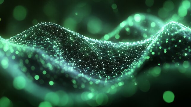 Abstract, glowing network wave, green dots connecting, blurry bokeh, digital data visualization. Artificial intelligence concept