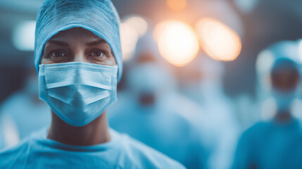 Woman surgeon wearing surgical mask and cap in operating room with medical lights, focused and professional expression.