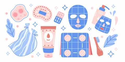 Cute skincare and beauty products flat illustration