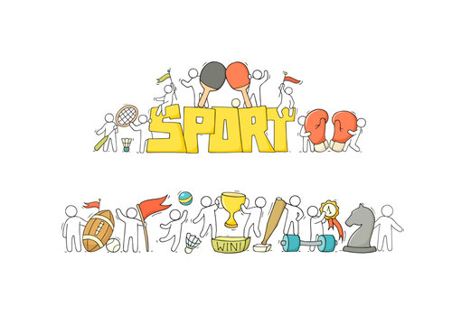 Sport icons with doodle people and objects. Doodle sport trophy, soccer and rugby balls, gold medal, boxing glove and kettlebell. Sketch of sport awards and equipment, golden cup, badminton shuttlecoc