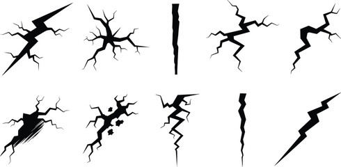 Realistic cracks and fractures vector set, earthquake damage illustration, broken surface texture, structural fault lines, fissure design elements for digital art and design projects