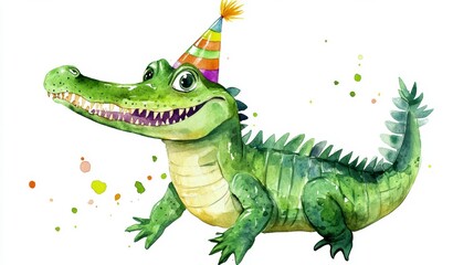 Obraz premium Happy crocodile wearing a party hat.