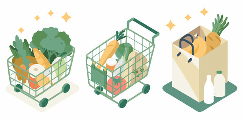 Grocery shopping with fresh produce in carts and bags