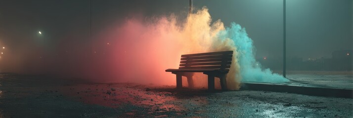 Colorful smoke surrounds a park bench on a foggy evening after rain in an urban setting