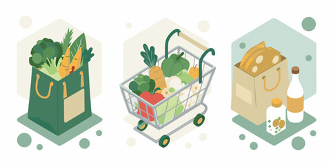 Fresh groceries in shopping bags and cart illustration
