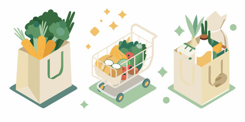 Healthy groceries in shopping bags and cart with fresh produce