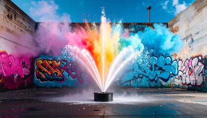 Fountain Spraying Water with Rainbow Colored Mist and Graffiti Background