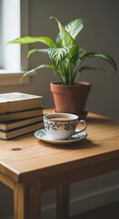 Fototapeta premium A wooden table with a cup of coffee, books, and a peace lily plant.
