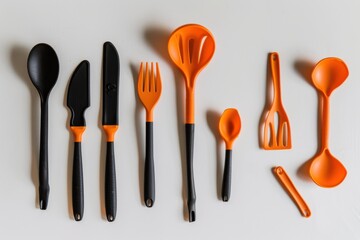 Black Orange Kitchen Utensils Still Life Modern Cooking Serving Dining Essentials Gadgets Spoons Forks Knives Prep Tools
