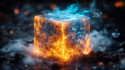 A fiery, glowing cube enveloped in smoky, blue and orange energy floats on dark earth, emanating intense heat