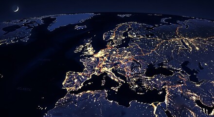 "Glowing Night Map of Europe with City Lights – Aerial View Concept of Urban Connectivity"

