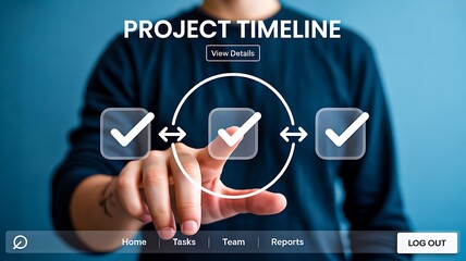 Man selecting digital project timeline with progress check icons on modern virtual interface
