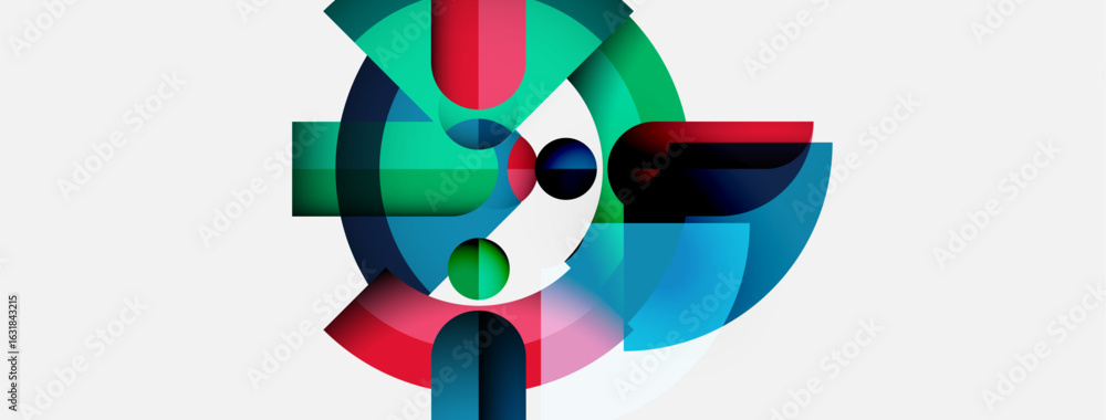 Poster abstract geometric composition. circles, rectangles intersect creating vibrant colorful design. mode