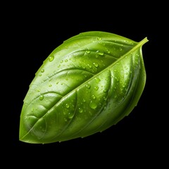 Fresh basil leaf glistening with water droplets, perfect for culinary or wellness concepts