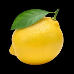 Fresh lemon with vibrant yellow peel and green leaf isolated against black background for product mockups