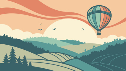 Fototapeta premium Stylized Landscape with Hot Air Balloon Hills Trees and Birds in Flight.