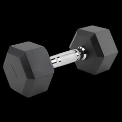 Professional single black dumbbell for strength training on dark background, gym equipment, fitness, power