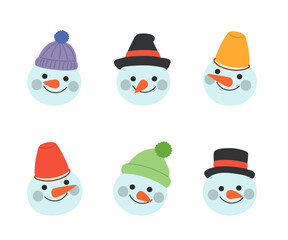 Set of cute snowman head illustrations with festive hats – perfect for winter crafts and holiday decorations.