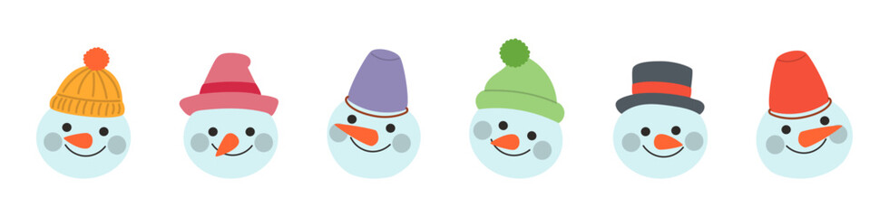 Snowman head vector pack with unique hats and happy expressions for greeting cards or seasonal designs.