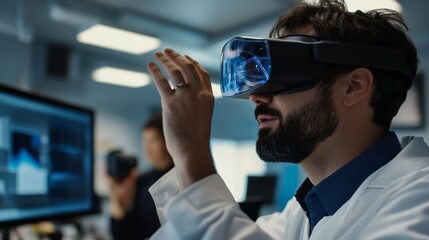 collaborative innovation session inlab, scientists sharing data on holographic displays, future tech atmosphere