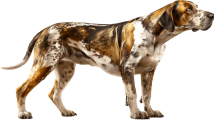 Large breed dog standing in a relaxed pose with a curious expression