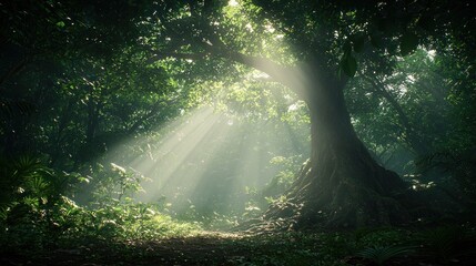 Sunlight streams through a dense jungle canopy, illuminating a path
