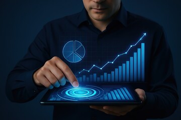 Man interacting with futuristic financial data visualization on tablet