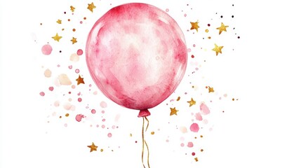 Watercolor painting of a pink balloon with gold stars and confetti.