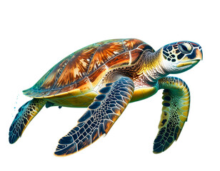 Side Profile of Swimming Green Sea Turtle with Extended Flippers, White Background