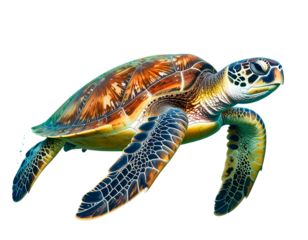 Side Profile of Swimming Green Sea Turtle with Extended Flippers, White Background