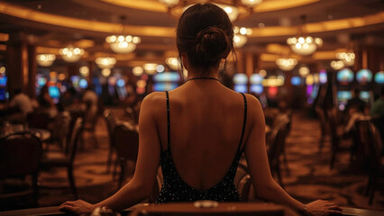Elegant woman with dark hair wearing a beautiful evening gown is playing in a luxury casino in Las Vegas, with slot machines and gamblers in the background