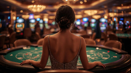 Elegant gambler woman at table of poker in a luxury casino, with slot machines and chandeliers in the background, creating a sophisticated and exciting atmosphere