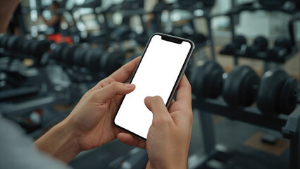 Close-up view of hands gripping a mobile phone featuring a chroma key display, set against a blurred backdrop of weights and fitness equipment in a gym environment. white screen copy space