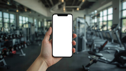 Hand gripping a smartphone featuring a blank white screen in a gym setting, ideal for displaying fitness apps or workout routines in a modern, active environment. white screen copy space