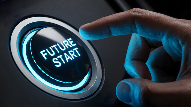 Initiate your future now by pressing the glowing "Future Start" button with a modern, tech-focused feel.