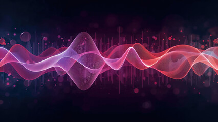 Digital music wave flowing with bokeh and glitters on dark background, representing audio spectrum, soundwave, music vibration and frequency