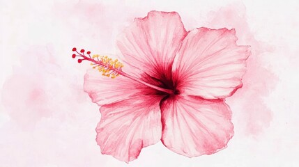 Watercolor painting of a delicate pink hibiscus flower on a soft background.
