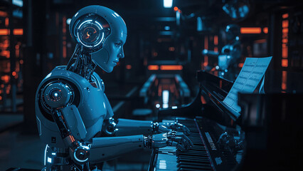 Futuristic robot playing a grand piano in a modern concert hall, showcasing the integration of artificial intelligence in musical performance