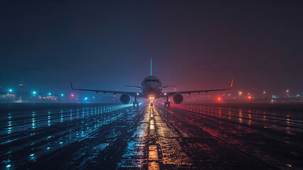 Passenger airplane standing on a wet runway at night, lights illuminating the scene and creating a dramatic, cinematic atmosphere filled with mood and anticipation