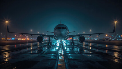 Modern passenger airplane standing on the wet runway at night, ready for takeoff, with its landing lights turned on, creating a dramatic and cinematic atmosphere