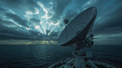 Large satellite dish positioned on a platform above the ocean, transmitting and receiving signals under a stunning sunset, while crepuscular rays illuminate the serene seascape