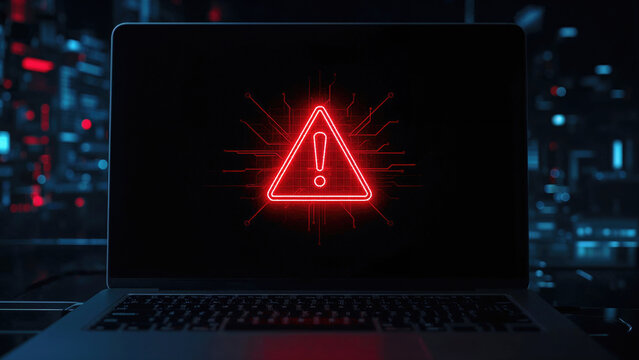 Red warning alert sign appearing on a laptop screen in a dark server room, representing the growing threat of phishing attacks and cyber crime