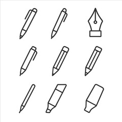 Writing Tools Icons. Outline style icon of Writing Instruments: ballpoint pen, gel pen, fountain pen nib, mechanical pencil,