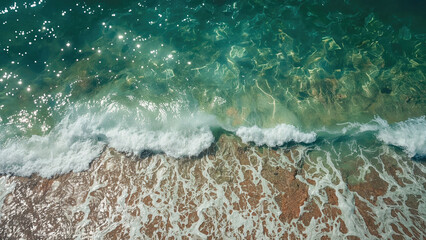 Gentle waves washing sandy beach shore, creating beautiful patterns in the crystal clear turquoise water, perfect for summer vacation and travel themes