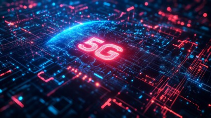 Glowing 5g symbol above earth with digital circuits and red blue lights representing global wireless communication network high speed data transmission and futuristic internet technology in cyberspace