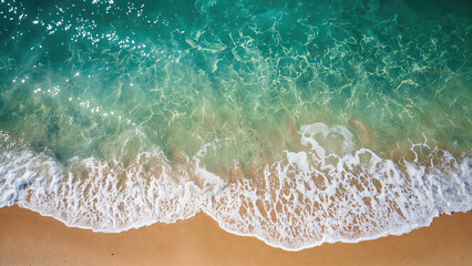 Crystal clear turquoise water gently washing over a golden sandy beach, creating a serene and idyllic scene perfect for a relaxing summer vacation in paradise