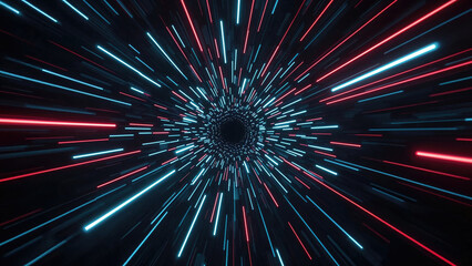 Red and cyan neon light trails converge towards a central black hole, creating a mesmerizing wormhole tunnel effect against a dark backdrop