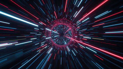Glowing neon streaks racing through space toward a wormhole create a captivating display of vibrant light and color, evoking the wonders of cosmic exploration and adventure