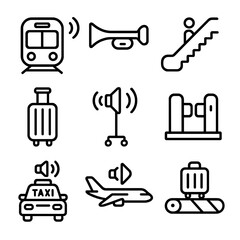 Fototapeta premium Transit Hub Soundscape. Outline style icon of Transit Hub Noise: subway brake squeal, train horn, escalator thrumming, luggage